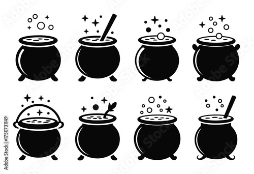 Collection of six black silhouette witch cauldron illustrations scalable vector graphics for festive design silhouette vector illustration white background