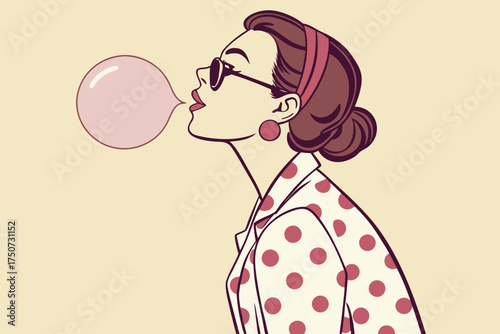 Fashionable Woman Blowing Bubble Gum — Polka Dot Pop Style