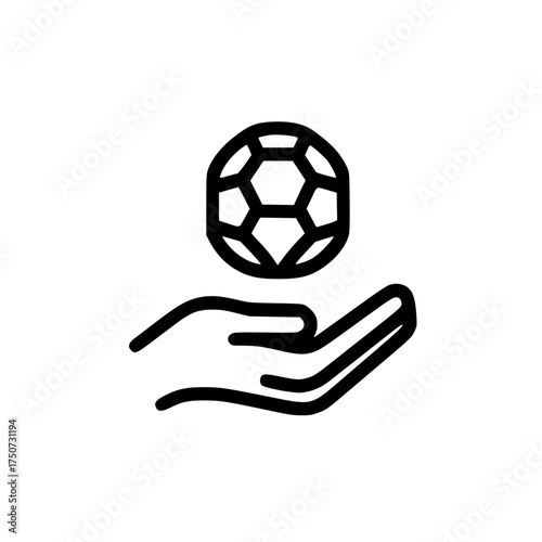 Open palm with soccer ball icon representing game support care and athletic teamwork
