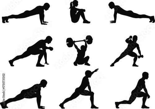 Fitness exercise silhouette vector set with plank, push-up, lunge, barbell, dumbbell, stretching, squat, bodyweight workout, gym training illustration