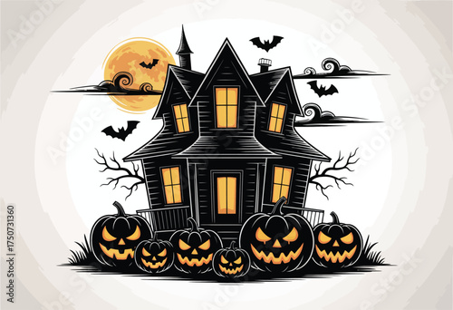 Spooky halloween haunted house with pumpkins and bats vector illustration scalable eps graphic art silhouette vector illustration white background