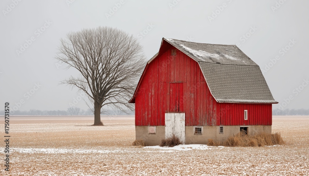 Obraz premium Snow-covered red barn stands resilient in expansive farmland against a tranquil winter landscape
