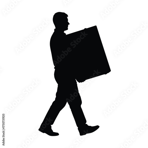 Silhouette of a man walking and carrying a large square box against a white background scene