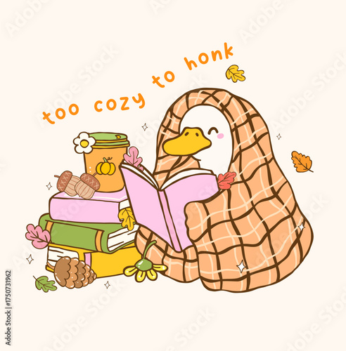 Cute Autumn Bookish Silly Goose Reading Book under Cozy Blanket Cartoon Hand Drawn Illustration