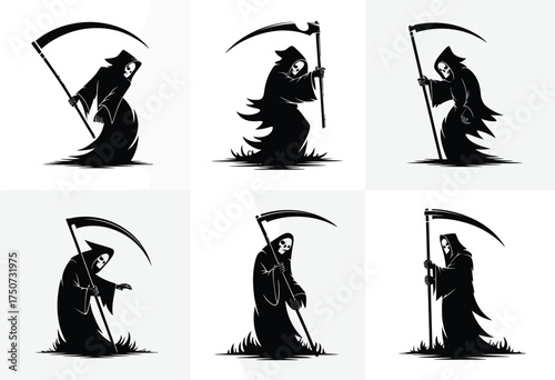 Set of six elegant silhouette illustrations of the grim reaper holding a scythe in various poses vector graphics silhouette vector illustration white background