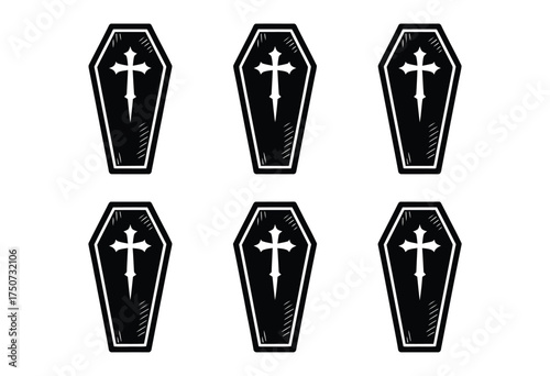 Set of six black silhouette illustrations of coffins with crosses scalable vector graphics eps silhouette vector illustration white background