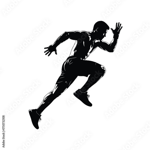 Silhouette of a muscular man sprinting forward with arms raised on a white background image