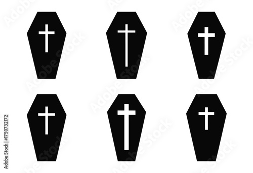 Set of 6 black coffin silhouettes with cross icons vector illustration scalable eps graphic silhouette vector illustration white background