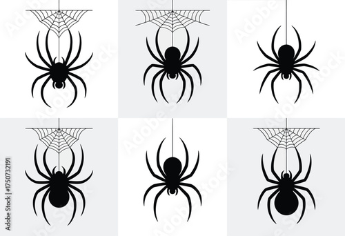 Set of six stylized silhouette illustrations of spiders hanging from webs vector art scalable eps graphic silhouette vector illustration white background