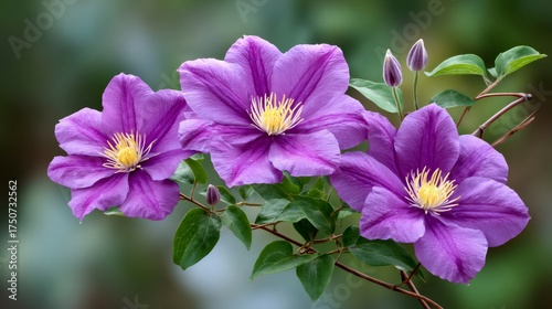 Purple clematis flowers blooming in a vibrant garden
