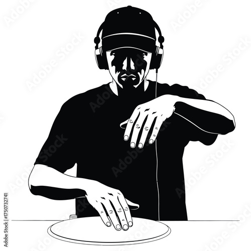 A black and white illustration of a dj wearing headphones and a cap using a turntable mixer silhouette