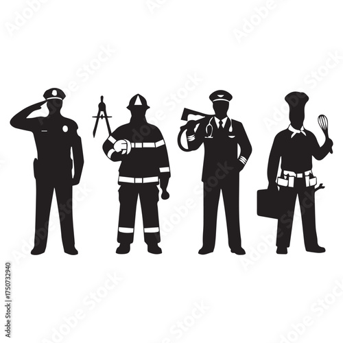 Silhouette illustration of different professions standing in a row on white background