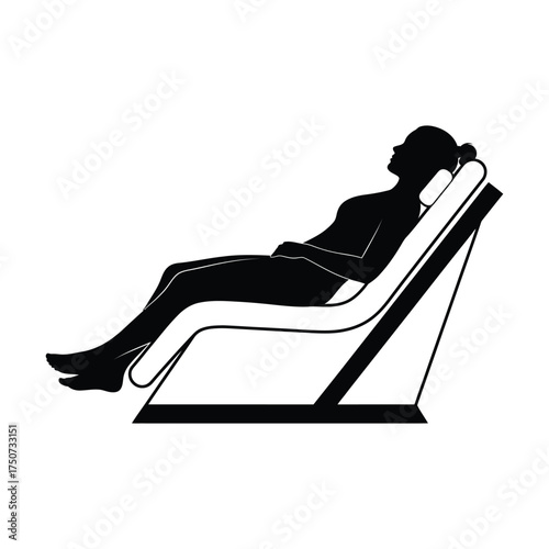 A silhouette of a woman reclining on a modern lounge chair with a headrest in black and white