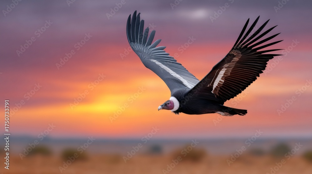 Fototapeta premium Andean condor flying at sunset with outstretched wings