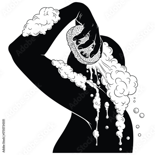 Silhouette of a woman in a dress with hand on hip and touching her head in contemplation