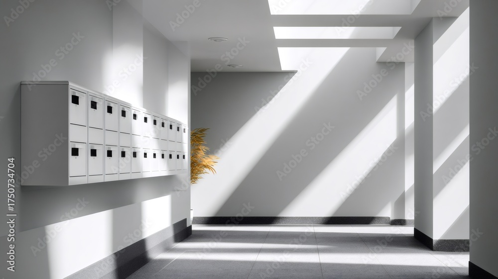 Fototapeta premium Modern hallway with mailboxes and sunlight