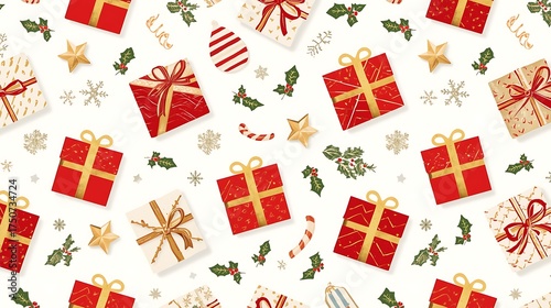Gold Christmas gift boxes seamless pattern illustration, a holiday season design with red ribbon and stars texture for new year celebration card background