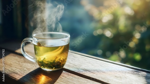 Steaming cup of tea in a clear glass mug on a sunlit wooden table, with loose leaves steeping at the bottom. Concept Steaming tea, clear glass mug, sunlit wooden table, loose-leaf tea, cozy morning