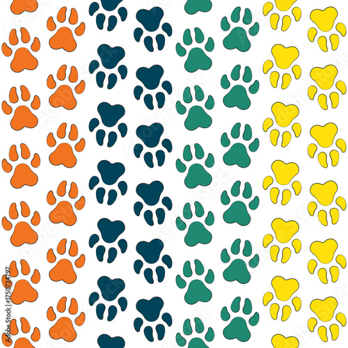 Seamless pattern with animal paw print. Color vector background on a white