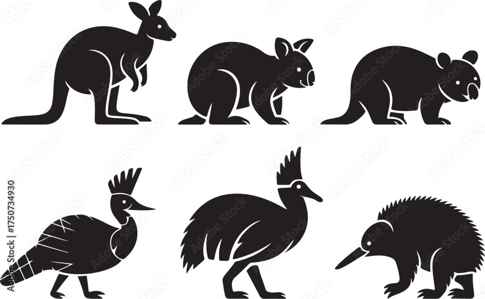 Naklejka premium Iconic Australian animals collection silhouette set