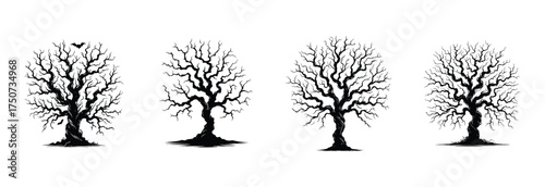 Fantasy Forest Dead Tree Illustration with Twisted Silhouette Design