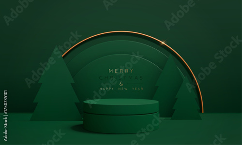 Merry Christmas and Chinese Happy New Year background with green podium with trees. Minimal mockup display with pedestal for product presentation. Abstract studio room. Realistic vector illustration