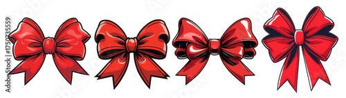 Set of Shiny Red Gift Bows with Ribbons, Isolated on Transparent Background