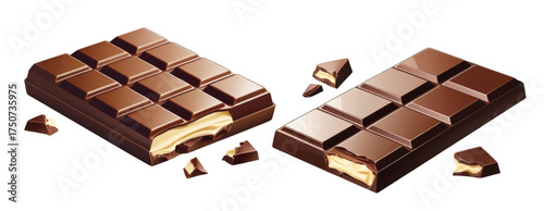 Chocolate Bars Set with Cream Filling and Broken Pieces, Isolated on Transparent Background