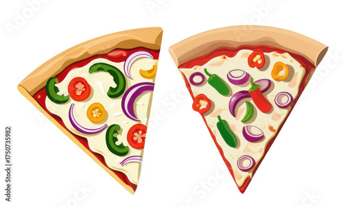 Set of Two Different Vegetarian Pizza Slices with Vegetables and Cheese, Isolated on Transparent Background