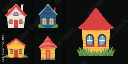 Colorful cartoon house vector set, small cozy homes with grass and roof variety, modern real estate illustration and t shirt design