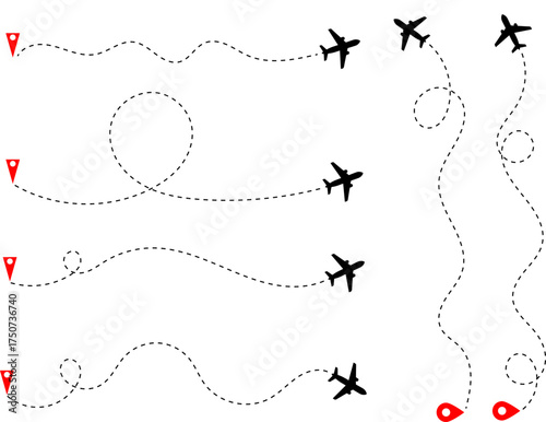 Set of delivery plane routes straight, loop and curve paths with location mark