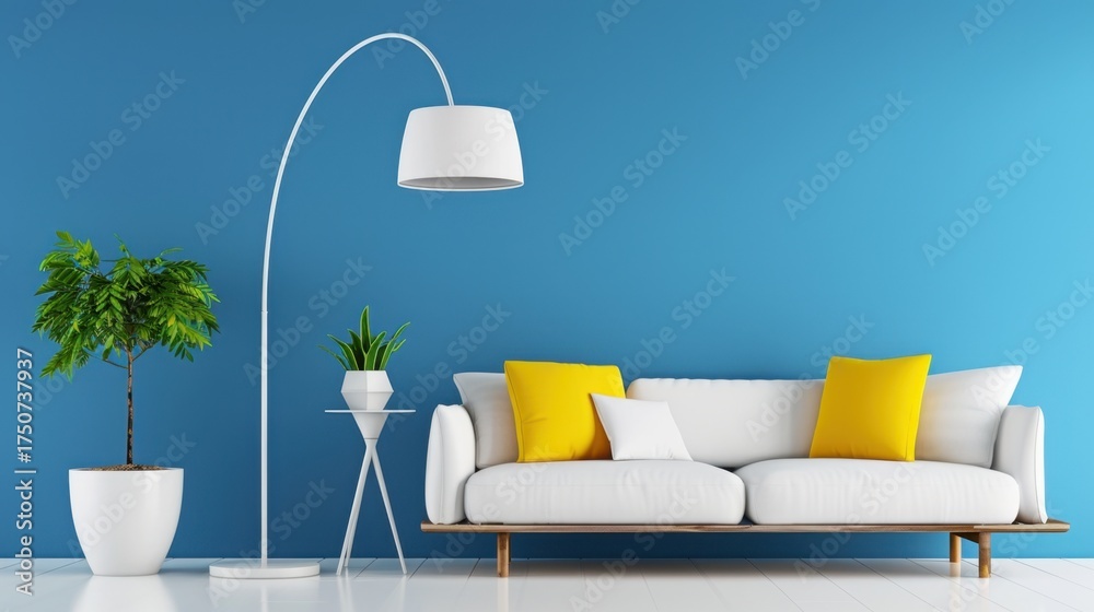 custom made wallpaper toronto digitalModern living room interior design with white couch, yellow pillows, floor lamp, potted plants, and blue wall background