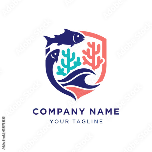 Marine Life Emblem with Fish and Coral Reef Elements.