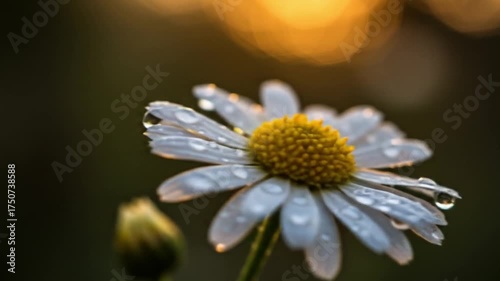Close-up of daisy flower with water droplets in natural setting  