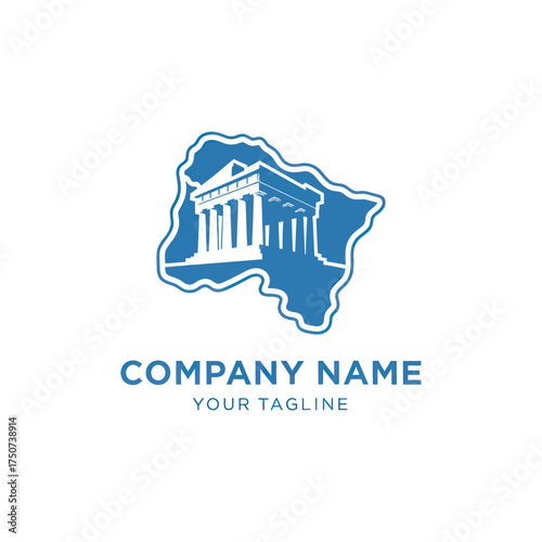 Architectural Landmark Logo Featuring a Classical Building Silhouette on a Blue Map.