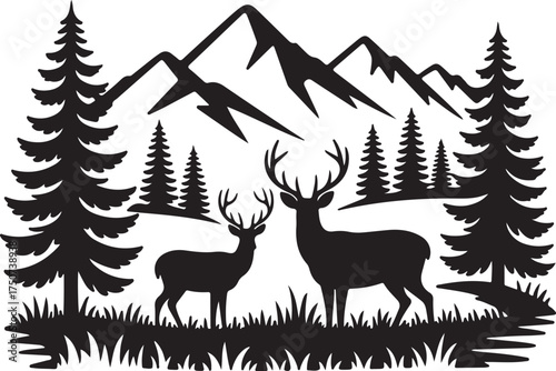Majestic deer roam wild mountains with pine forest