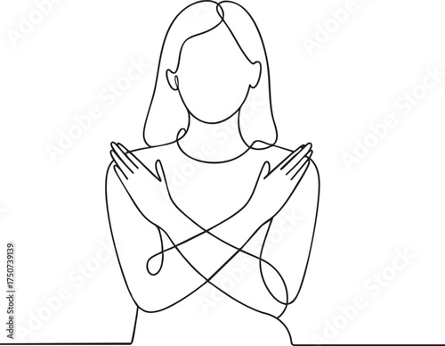 Continuous one line drawing of woman crossing arms to say no gesture showing refusal, stop sign, and rejection in minimalist outline style