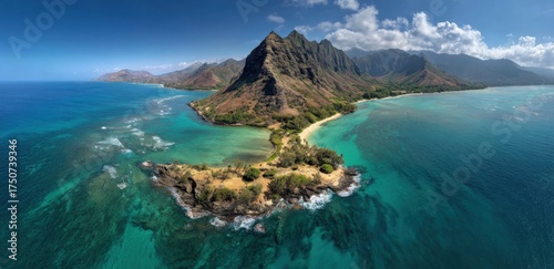 Panoramic aerial view of a tropical island paradise