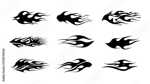 Flame decal. Fire abstract black silhouette  flames for race car or tattoo. Tribal flame hotrod car vinyl decals and motorcycle airbrush stencil. Burning element vector set Stock Vector