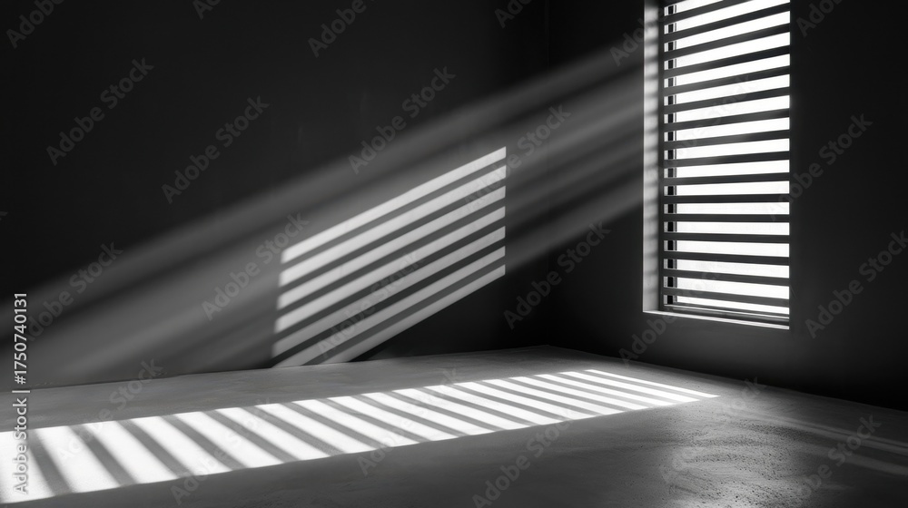 Fototapeta premium Interior of empty room with window shadows creating striking patterns on the floor and walls in black and white aesthetic