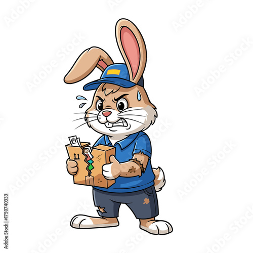 Cartoon rabbit delivery worker with damaged package looking angry and sweaty
