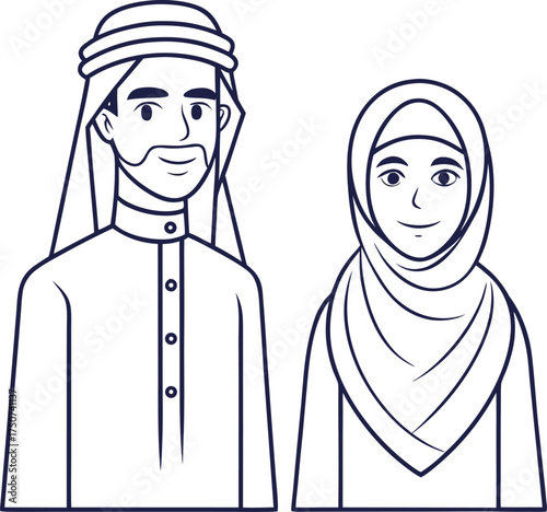 Arab Couple Illustration – Traditional Middle Eastern Clothing Line Art