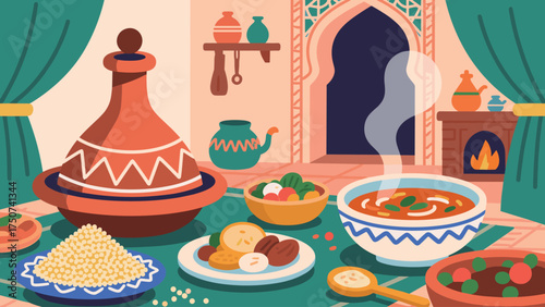 Vibrant Moroccan Dinner Spread with Tagine and Couscous