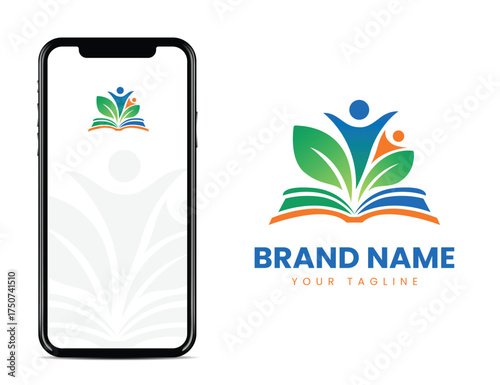 educational logo illustration of a book of plants and children