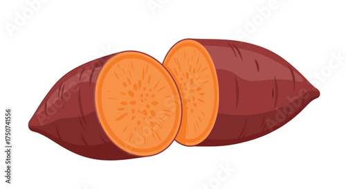 A sliced sweet potato showing its bright orange interior and dark reddish-brown skin.