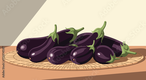 A pile of fresh ripe purple eggplants on a woven placemat.