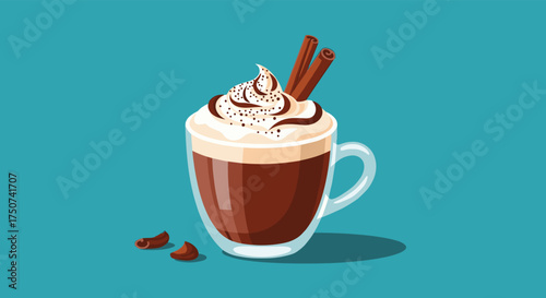 Delicious hot chocolate topped with whipped cream and cinnamon sticks served in a clear glass cup with coffee beans scattered on the side.