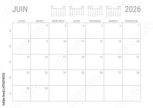 Juin 2026 Calendrier Mensuel Planificateur avec Numero de Semaine à imprimer A4	