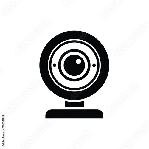 A simple black and white illustration of a modern webcam with a circular lens design silhouette