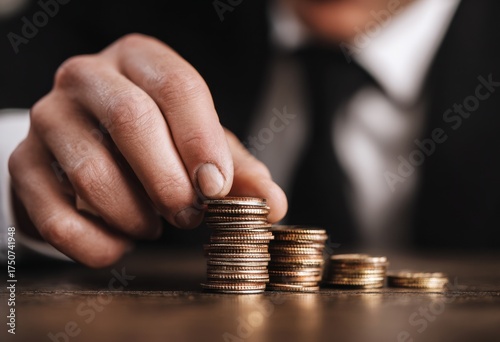 A person's hand delicately placing coins atop a small stack of coins